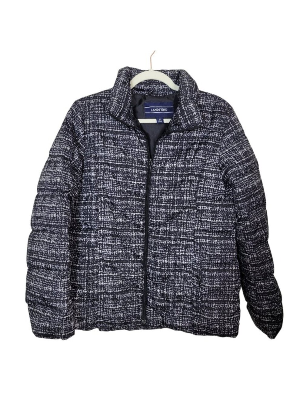 Lands' End Women's Down Filled Puffer Coat Black Graphic Print Medium 10-12